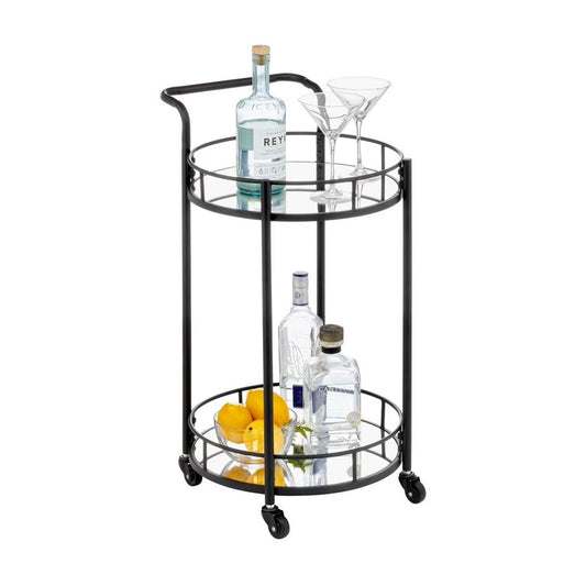 mDesign Metal Vintage Round Beverage Rolling Cart for Home - 2-Tier Serving Bar Trolley with Easy-Glide, Rotating Wheels, Built-in Handle, and Glass Shelves for Wine and Craft Beer - Black Round