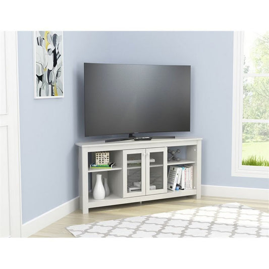 Inval Corner Laminate 60° TV Stand with Glass Doors, White