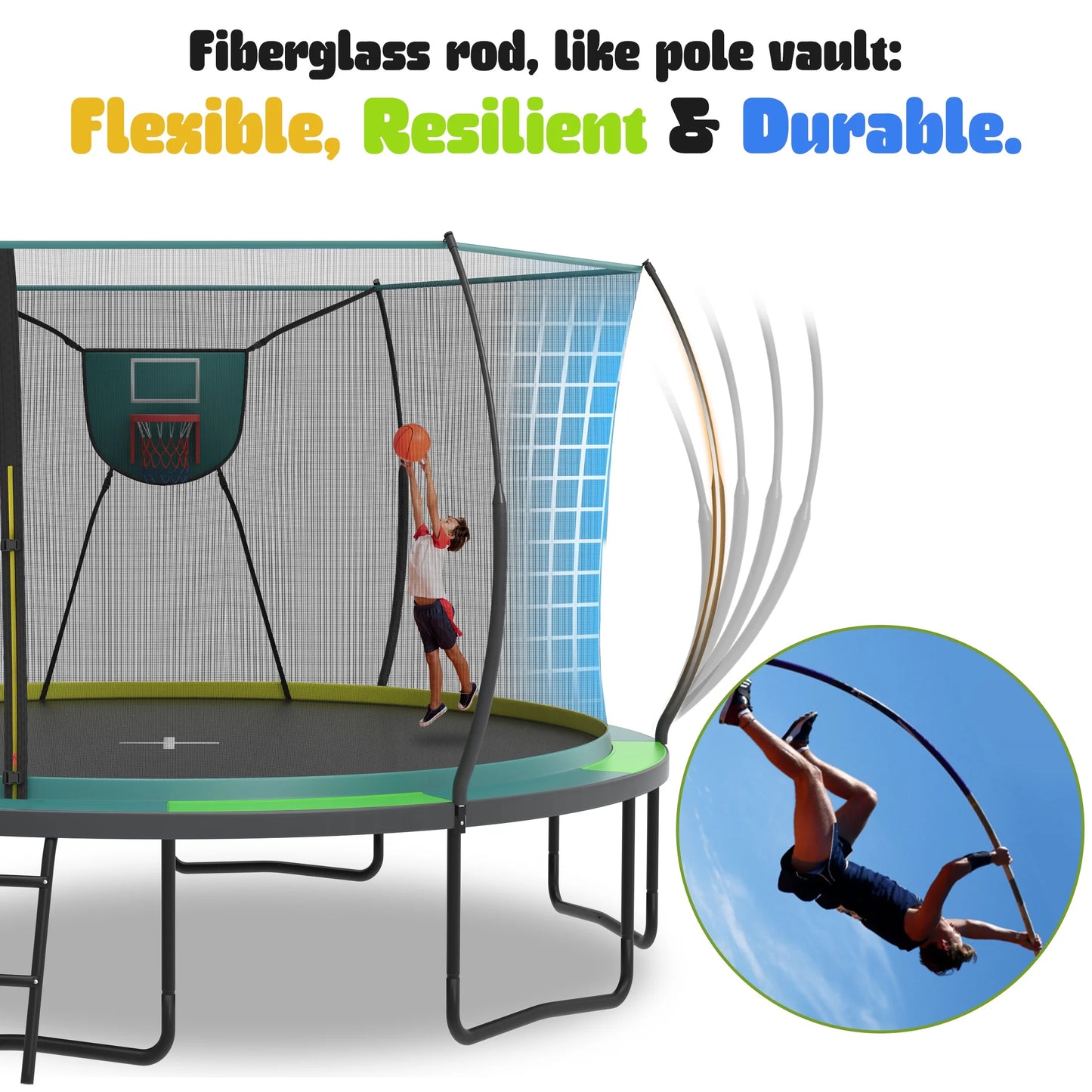 14FT Trampoline with Enclosure for Kids Adults, SEGMART Outdoor Pumpkin Round Recreational Trampoline with No-Gap Design, Heavy Duty Backyard Trampoline with Curved Fiberglass Poles for Indoor Outdoo