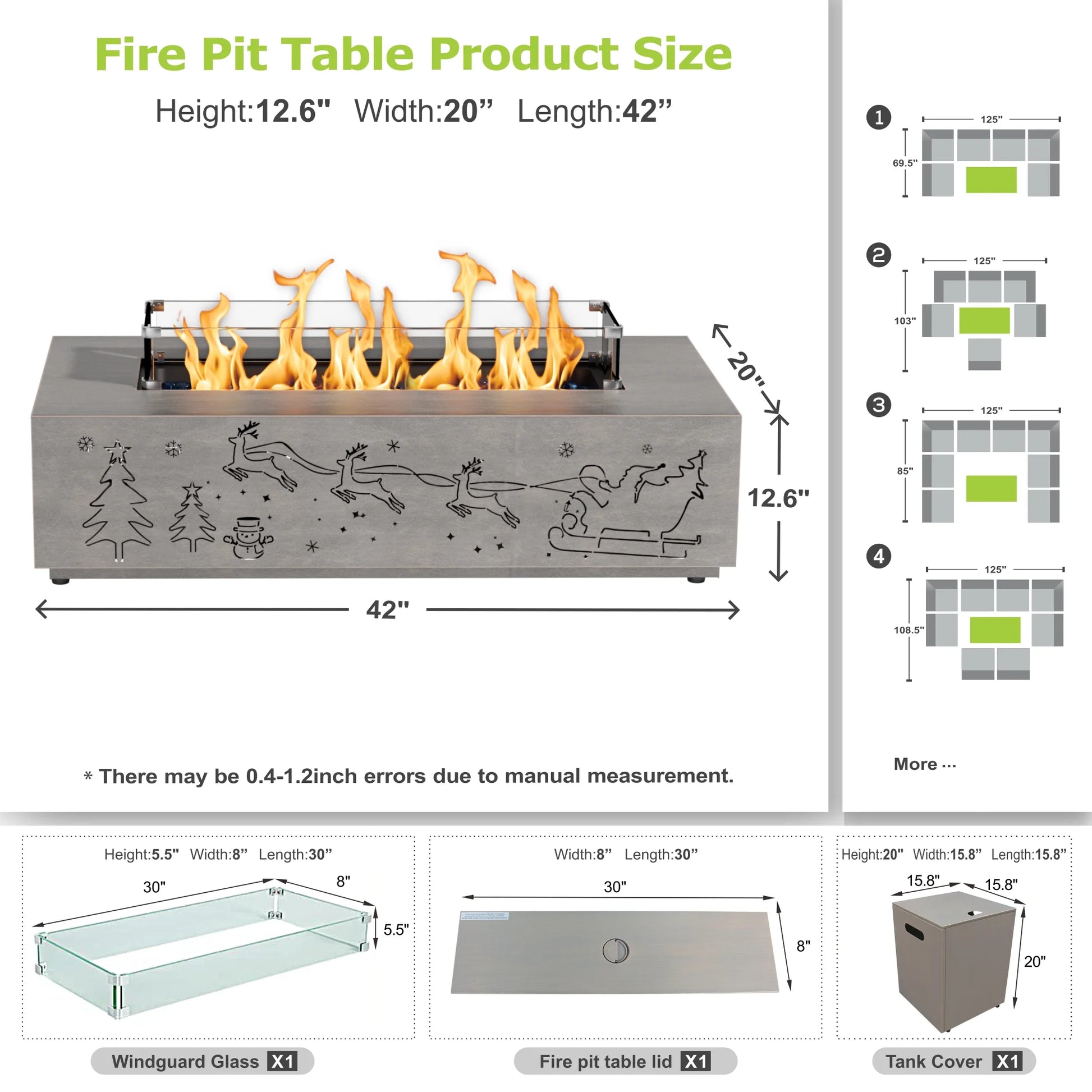 Evita 42" Propane Fire Pits for Outdoor 50,000 BTU Gas Fire Pit Table with Lid ,Glass stone,Windguard Glass,Tank Cover,LED Light Strip