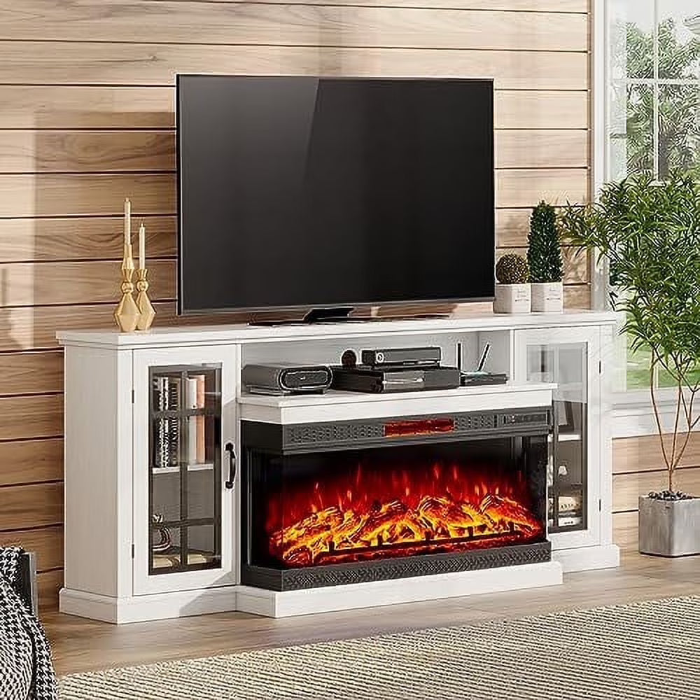 Merluxy 75in 3-Sided Glass Fireplace TV Stand for TVs up to 85", Distressed White
