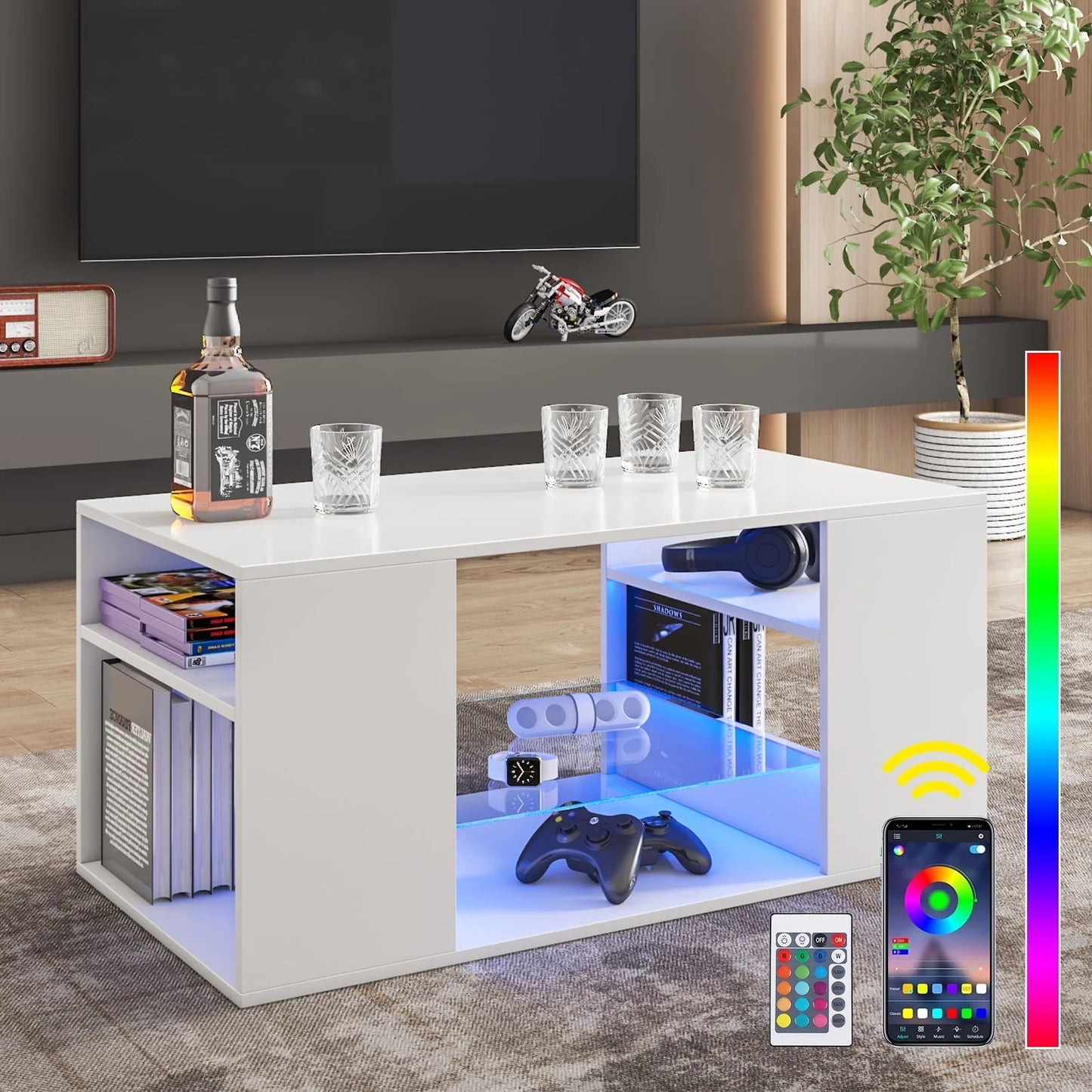 Hommpa LED Coffee Table with Glass Display Shelves for Living Room App and Remote Control LED Lights High Gloss Center Table Sofa Side Tables