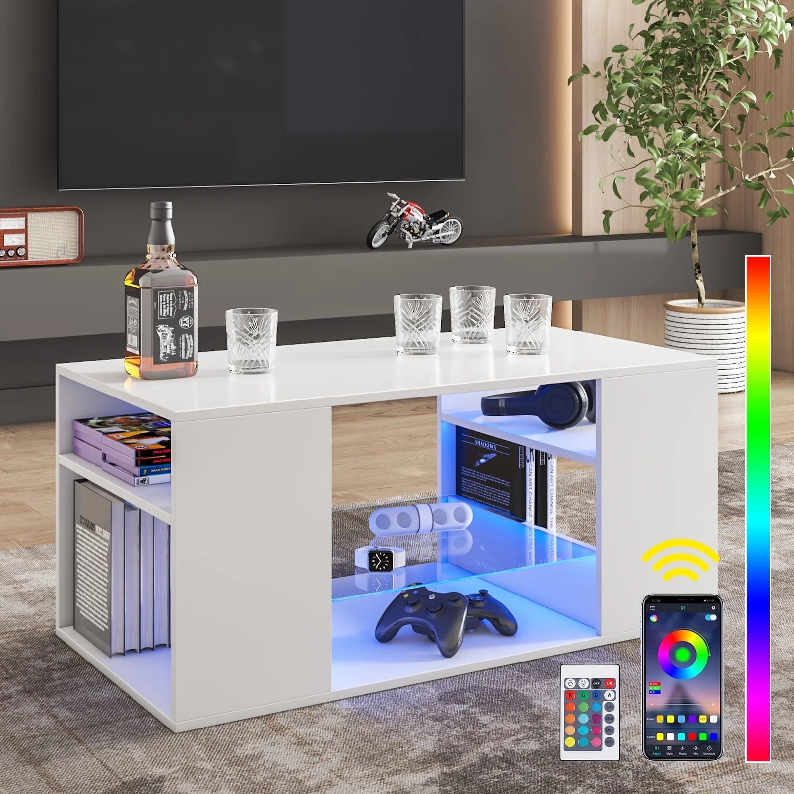 Hommpa LED Coffee Table with Glass Display Shelves for Living Room App and Remote Control LED Lights High Gloss Center Table Sofa Side Tables