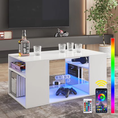 Hommpa LED Coffee Table with Glass Display Shelves for Living Room App and Remote Control LED Lights High Gloss Center Table Sofa Side Tables