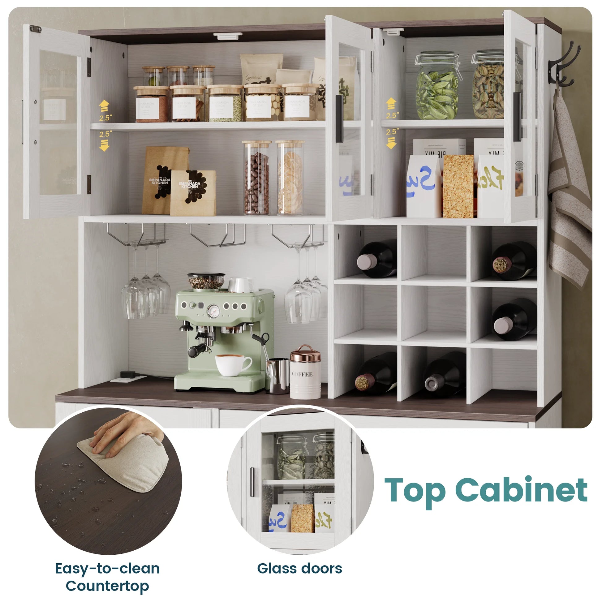 ANCTOR Kitchen Pantry Storage Cabinet with Glass Door, Kitchen Hutch Buffet Cabinet with Drawer, Power Outlet, Wine Rack