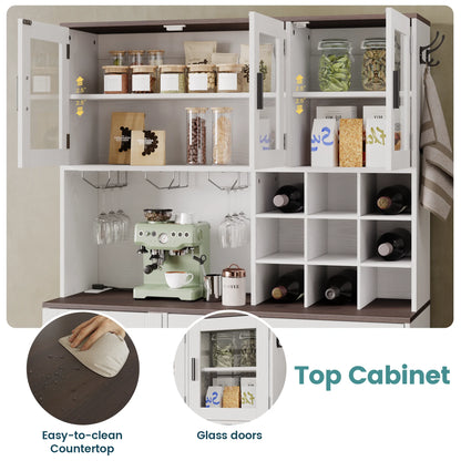 ANCTOR Kitchen Pantry Storage Cabinet with Glass Door, Kitchen Hutch Buffet Cabinet with Drawer, Power Outlet, Wine Rack