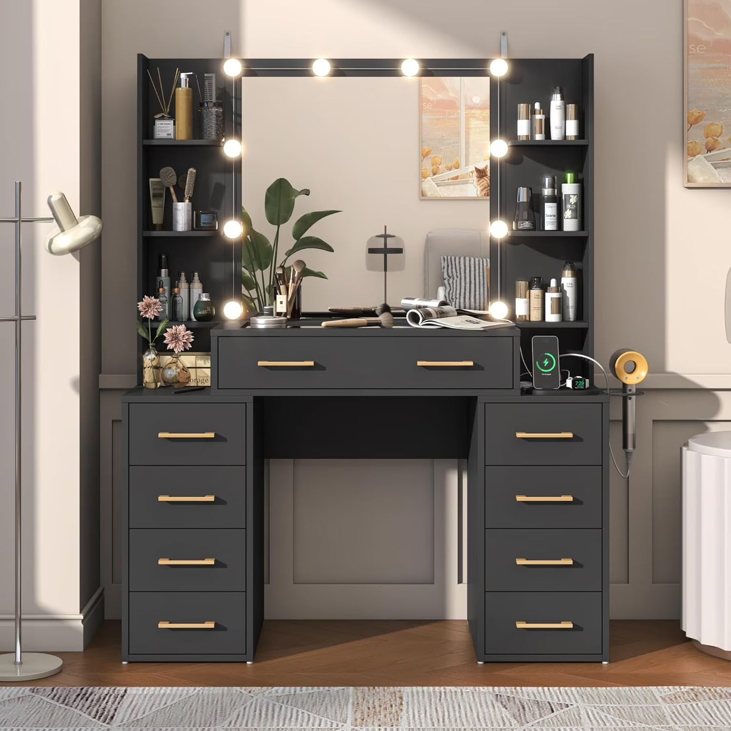 White Vanity Desk with Mirror & LED Lights, Glass Top Vanity Desk with Charging Station & Compartment Storage Drawers, 43" Large Makeup Vanity Table with 9 Drawers & 6 Shelves