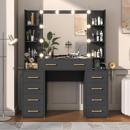 White Vanity Desk with Mirror & LED Lights, Glass Top Vanity Desk with Charging Station & Compartment Storage Drawers, 43" Large Makeup Vanity Table with 9 Drawers & 6 Shelves