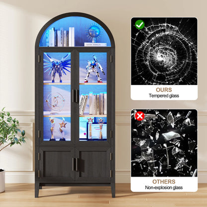 BROTTAR 71" Tall Arched Display Cabinet with Glass Doors, Kitchen Pantry with 3 Color LED Lights & Human Body Sensor, 5-Tier Bookcase for Living Room, Dining Room, Black