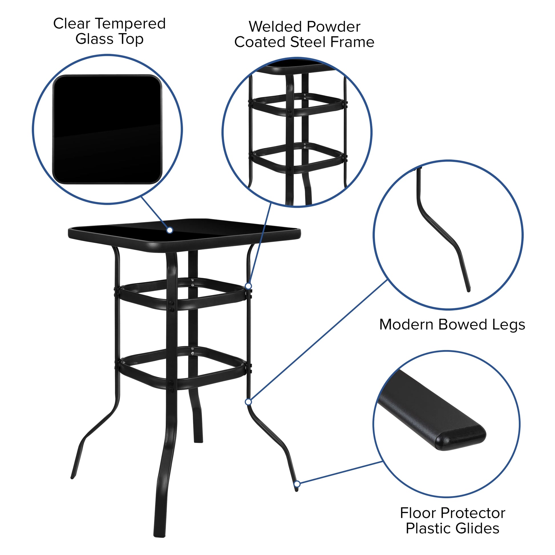 Emma + Oliver 3 Piece Outdoor Bar Height Set-Glass Patio Bar Table-Black All-Weather Barstools