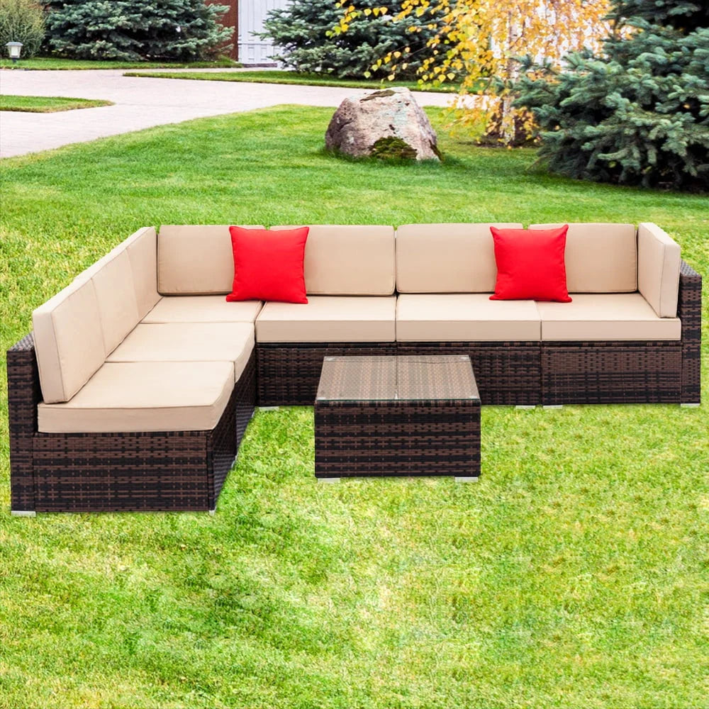 Patio Furniture Sets, 7-Piece Wicker Patio Conversation Furniture Set w/6 Seats, 1PC Tempered Glass Table, 6 Weather-Resistant Cushions, 2 Red Pillows for Backyard Porch Lawn Pool, Q2353