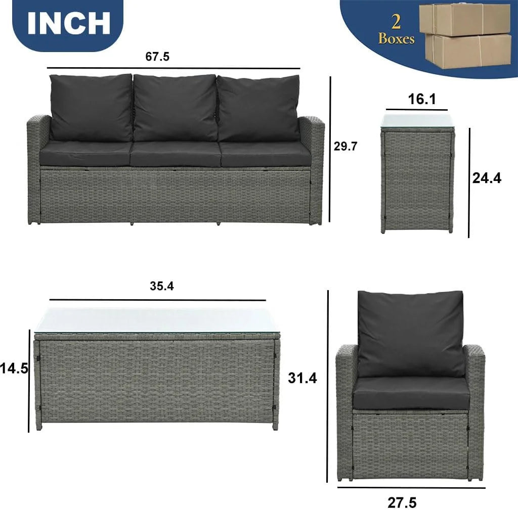 HighSound 5 Pcs PE Rattan Wicker Patio Sofa Set Outdoor Sectional Furniture Set with Tempered Glass Table