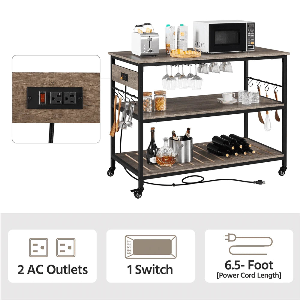 Topeakmart 3-Tier Rolling Kitchen Cart with Glass Holder and Power Outlets for Kitchen, Taupe Wood