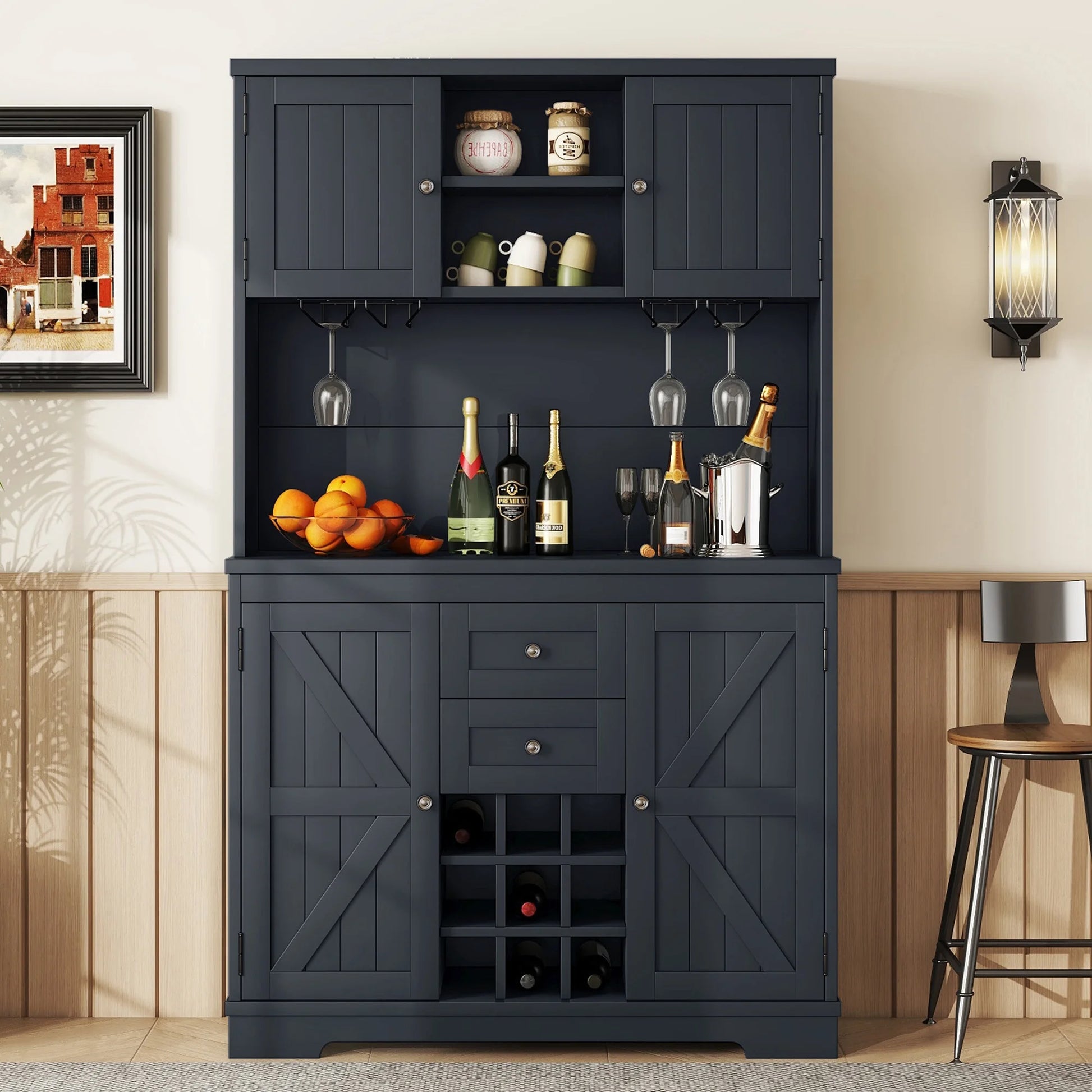 Bellemave 73.8"H Farmhouse Coffee Bar Cabinet with Shelves and Drawers Buffet Cabinet Wine Cabinet with Glass Holder and Wine Rack Tall Kitchen Cabinet for Dining Room, Antique Blue