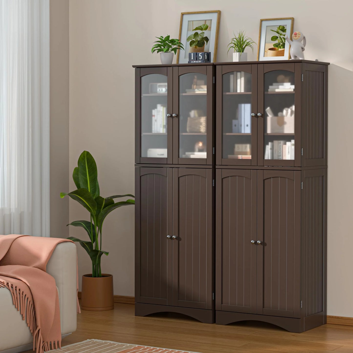 Kitchen Cabinet, Lofka 64" Kitchen Pantry Storage Cabinet with Frosted Glass Doors and 14 Shelves, Dark Brown