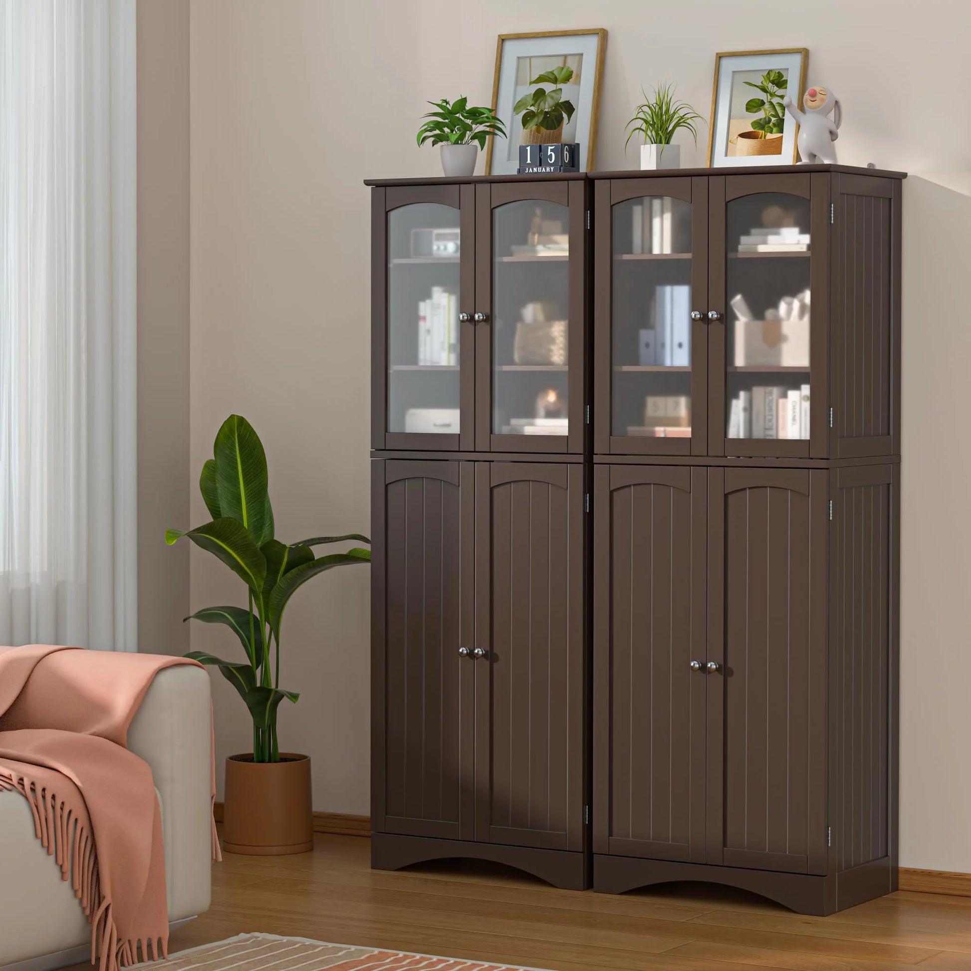 Kitchen Cabinet, Lofka 64" Kitchen Pantry Storage Cabinet with Frosted Glass Doors and 14 Shelves, Dark Brown