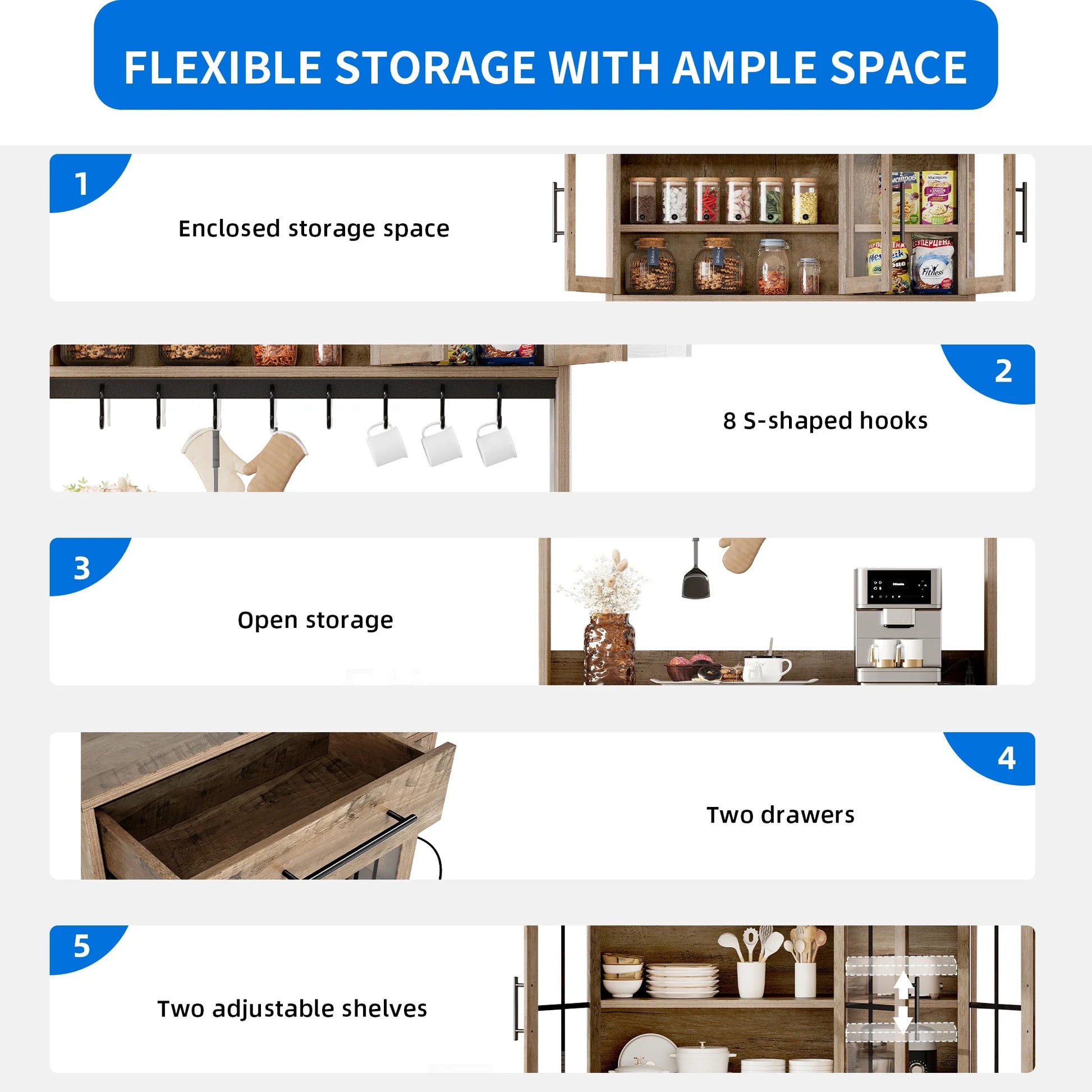 Dextrus 71" Tall Kitchen Pantry Storage Cabinet with Power Outlet, Freestanding Cupboard Storage Buffet Hutch with Microwave Stand, Storage Pantry with Drawers & Glass Doors, Brown