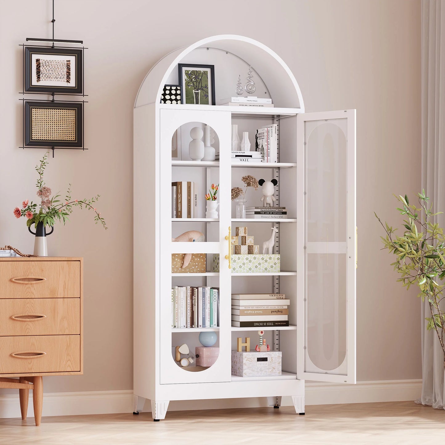 Erosoei 73" Metal Arched Display Cabinet with Glass Doors and Adjustable Shelves for Collectibles