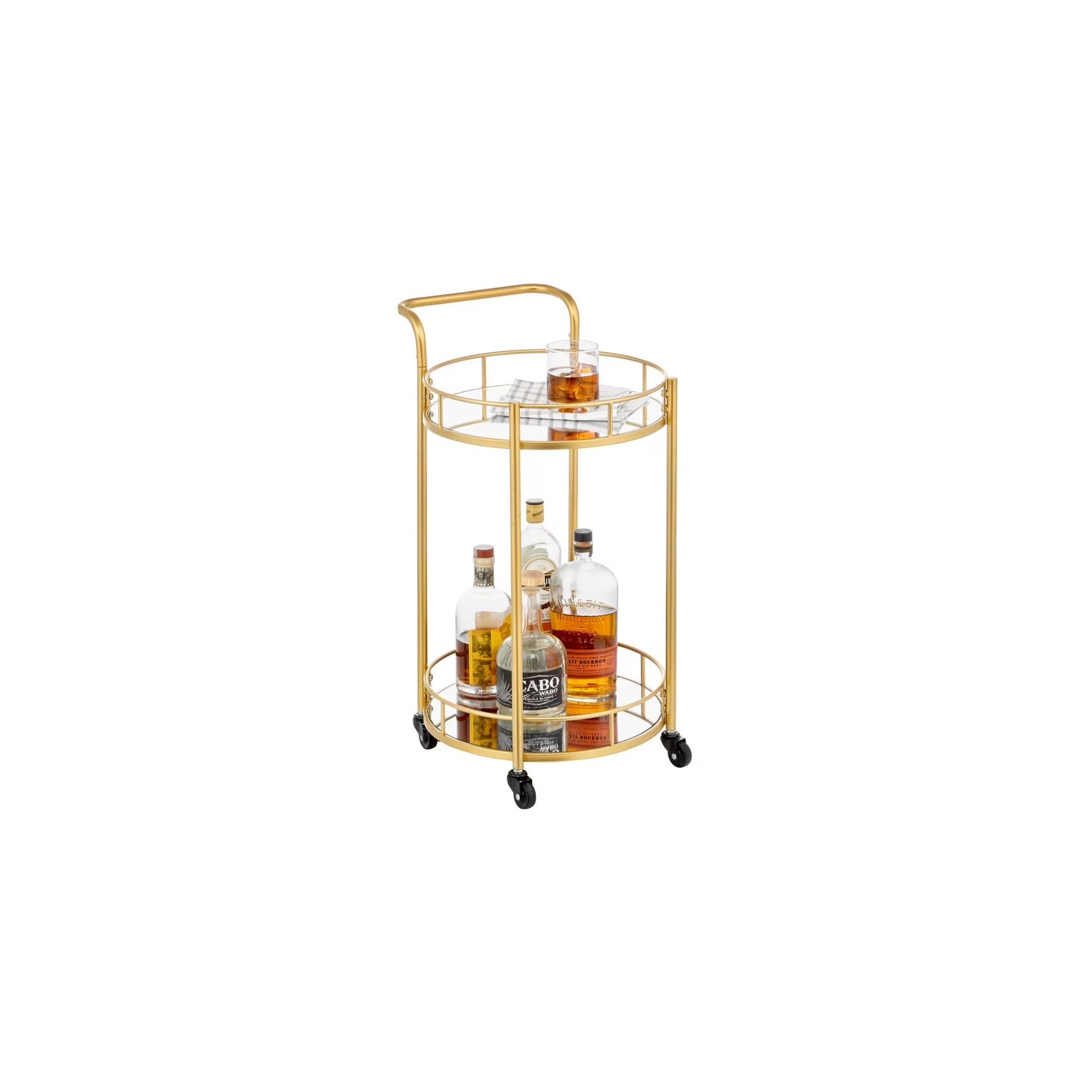 mDesign Metal Vintage Round Beverage Rolling Cart for Home - 2-Tier Serving Bar Trolley with Easy-Glide, Rotating Wheels, Built-in Handle, and Glass Shelves for Wine and Craft Beer - Black Round