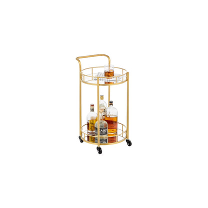mDesign Metal Vintage Round Beverage Rolling Cart for Home - 2-Tier Serving Bar Trolley with Easy-Glide, Rotating Wheels, Built-in Handle, and Glass Shelves for Wine and Craft Beer - Black Round