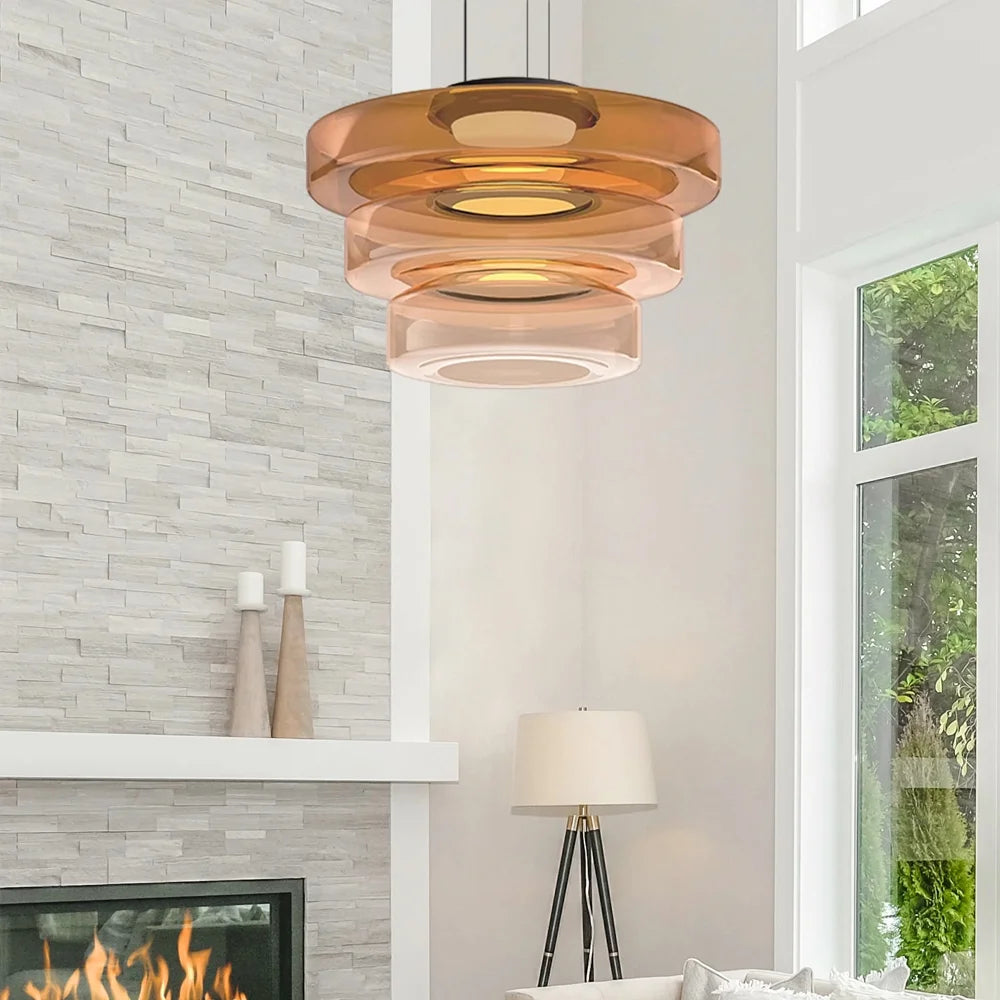 Arturesthome Contemporary Multi-Layer Clear Glass Pendant Lighting, Amber/Green/Grey