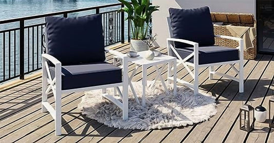 SUNLEI 3 Pcs Patio Outdoor Furniture Set, Porch Chairs Conversation Sets with Glass Coffee Table, Outside Metal Sofa Set for Garden, Balcony, Poolside, Backyard, Blue