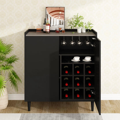 furlinkhm Wine Bar Cabinet, Industrial Bar Cabinets for Liquor and Glasses, 37" Kitchen Coffee Bar Cabinet Liquor Cabinet Bar for Home with Removable Wine Racks, Black