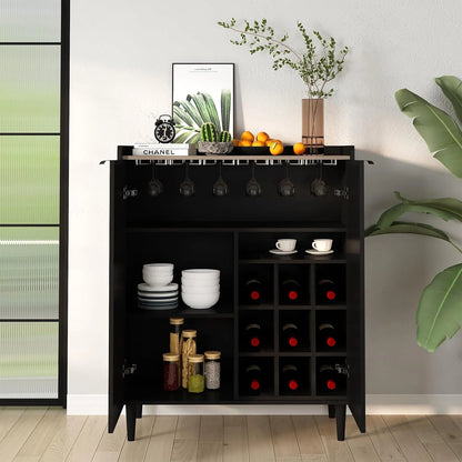 Lamerge Bar Cabinet, Black Industrial Bar Cabinet for Wine Glasses and Glasses, 37 Inch with Removable Wine Rack for Kitchen, Living Room Black