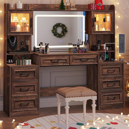 ChVans 62'' Large Vanity Desk with Tempered Glass Top & Charging Station, Farmhouse Makeup Vanity with 8 Storage Drawers & 2 LED Glass Storage Cabinets & 3 Lights Mode LED Mirror for Women Gift