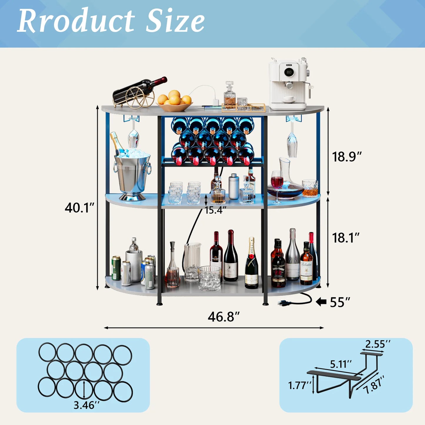 BOSSIN Bar Cabinet with Power Outlet & LED Home,Coffee Bar Cabinet for Liquor,Bar Cart with 4-Tier Storage for Bottles and Glass Holder