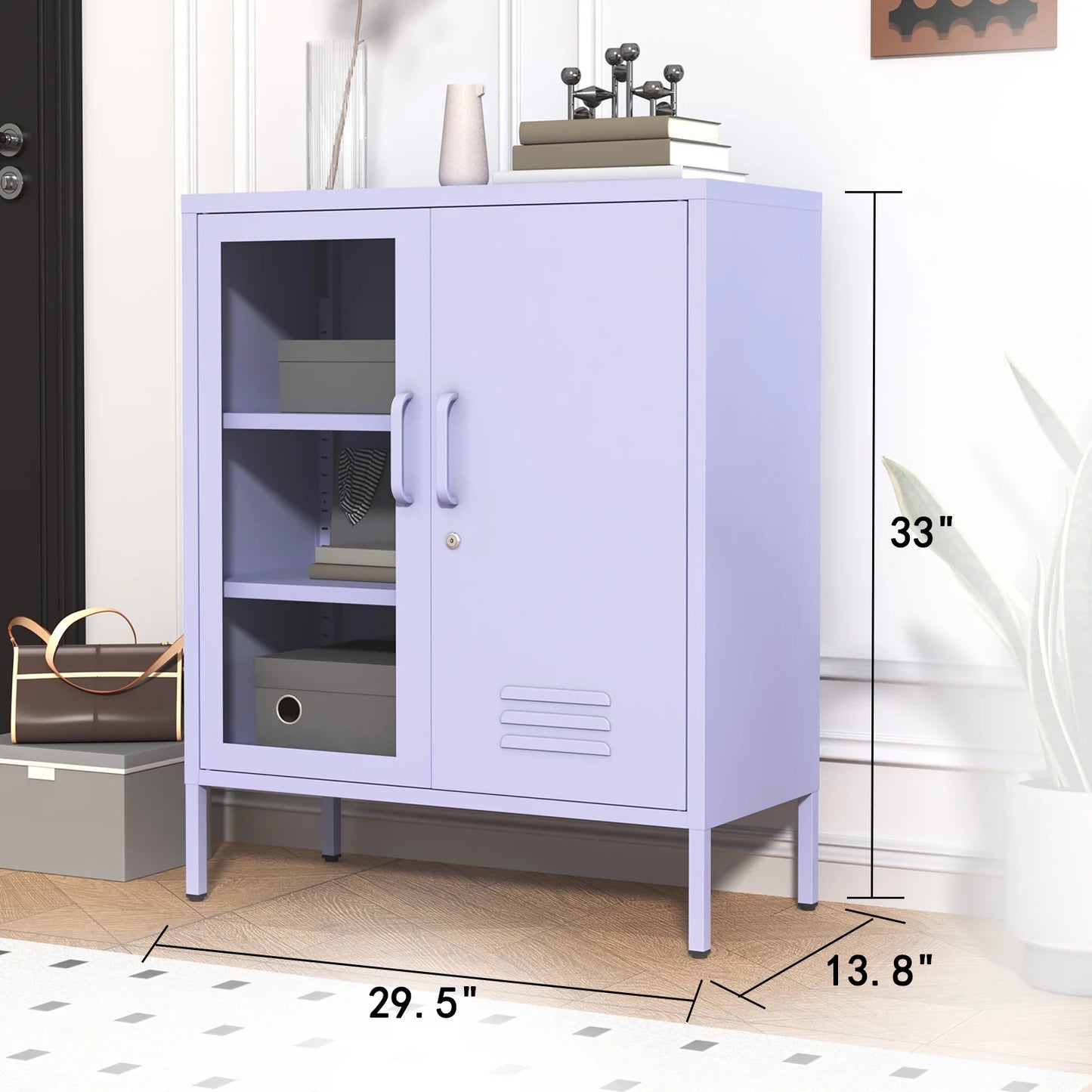 33 Inch Glass And Metal Storage Cabinet Adjustable Shelves 2 Door Lockable Lockers 3 Layer Multipurpose Lockers Laundry Room Or Utility Room Cabinet Home Purple Size 33"H X 29.5"W X 13.8"D