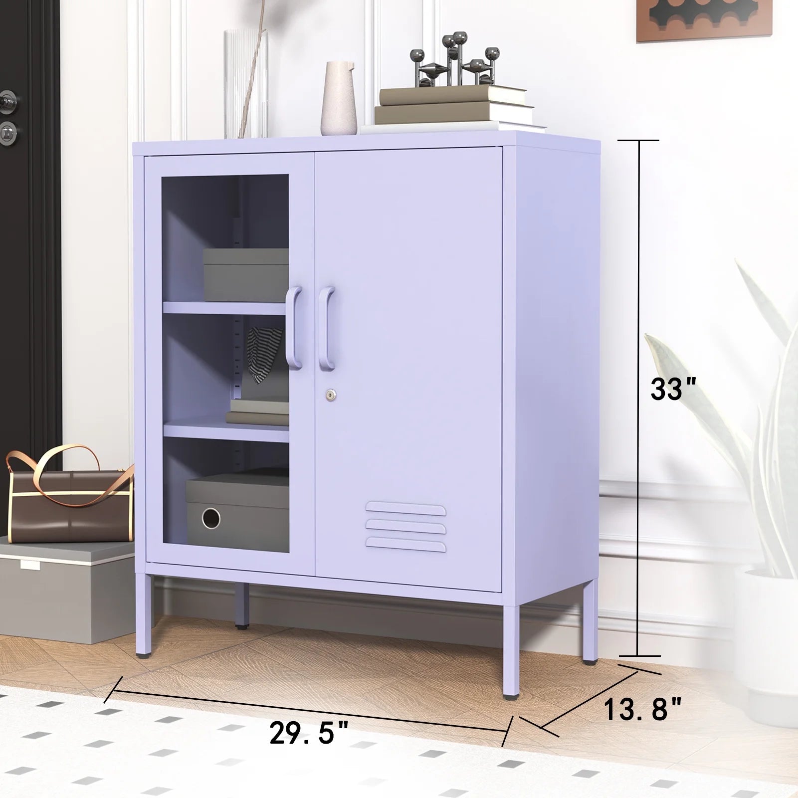 33 Inch Glass And Metal Storage Cabinet Adjustable Shelves 2 Door Lockable Lockers 3 Layer Multipurpose Lockers Laundry Room Or Utility Room Cabinet Home Purple Size 33"H X 29.5"W X 13.8"D