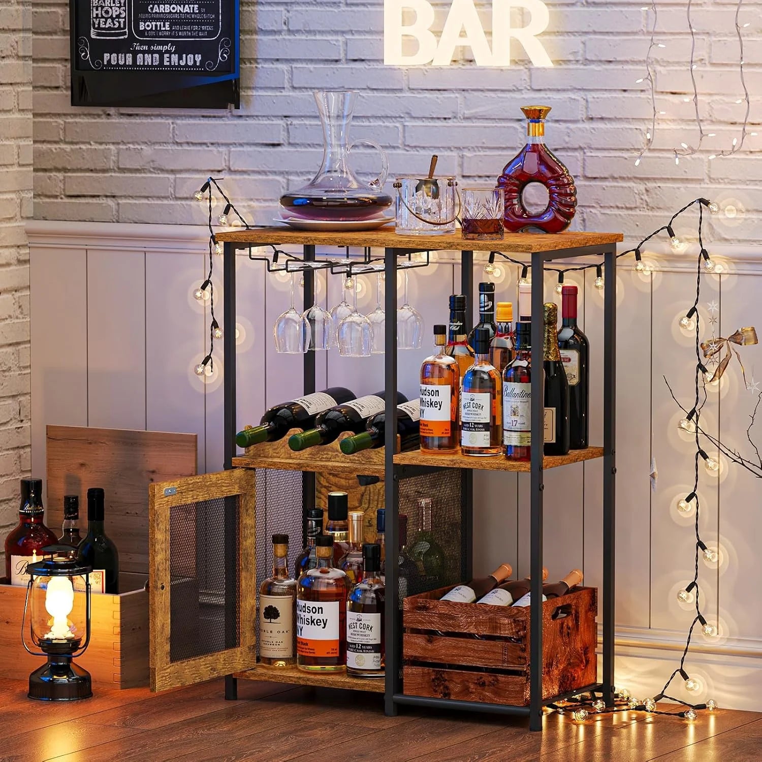 Bar Cabinet with Detachable Wine Rack, Liquor Shelf for Home Bar, Mini Bar Table with Glass Holder, Small Sideboard and Buffet with Mesh Door for Small Space, Rustic Brown