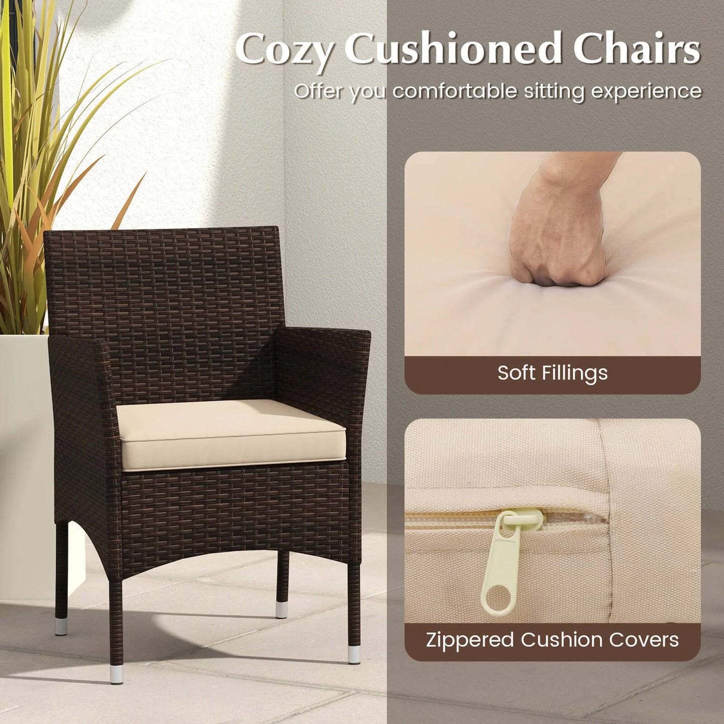 Costway 3 PCS Outdoor Conversation Set with Cushioned Seat & Tempered Glass Tabletop Beige