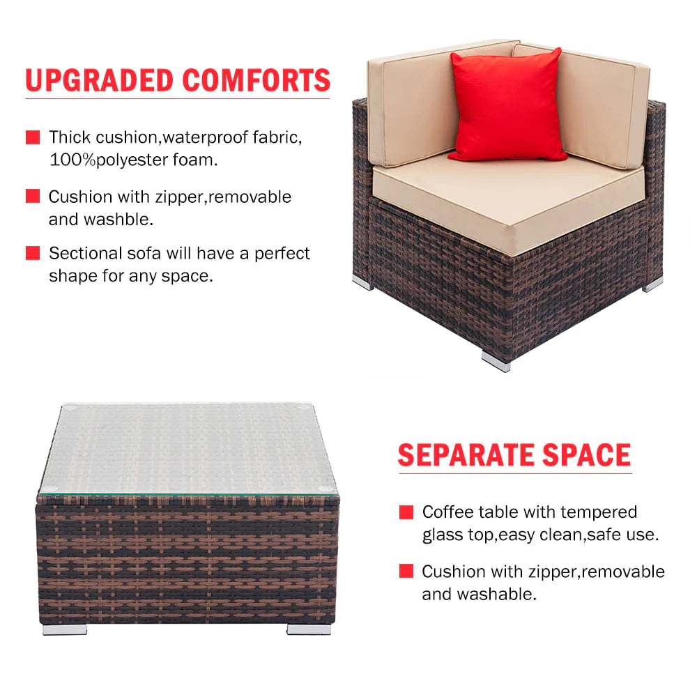 Patio Furniture Sets, 7-Piece Wicker Patio Conversation Furniture Set w/6 Seats, 1PC Tempered Glass Table, 6 Weather-Resistant Cushions, 2 Red Pillows for Backyard Porch Lawn Pool, Q2353
