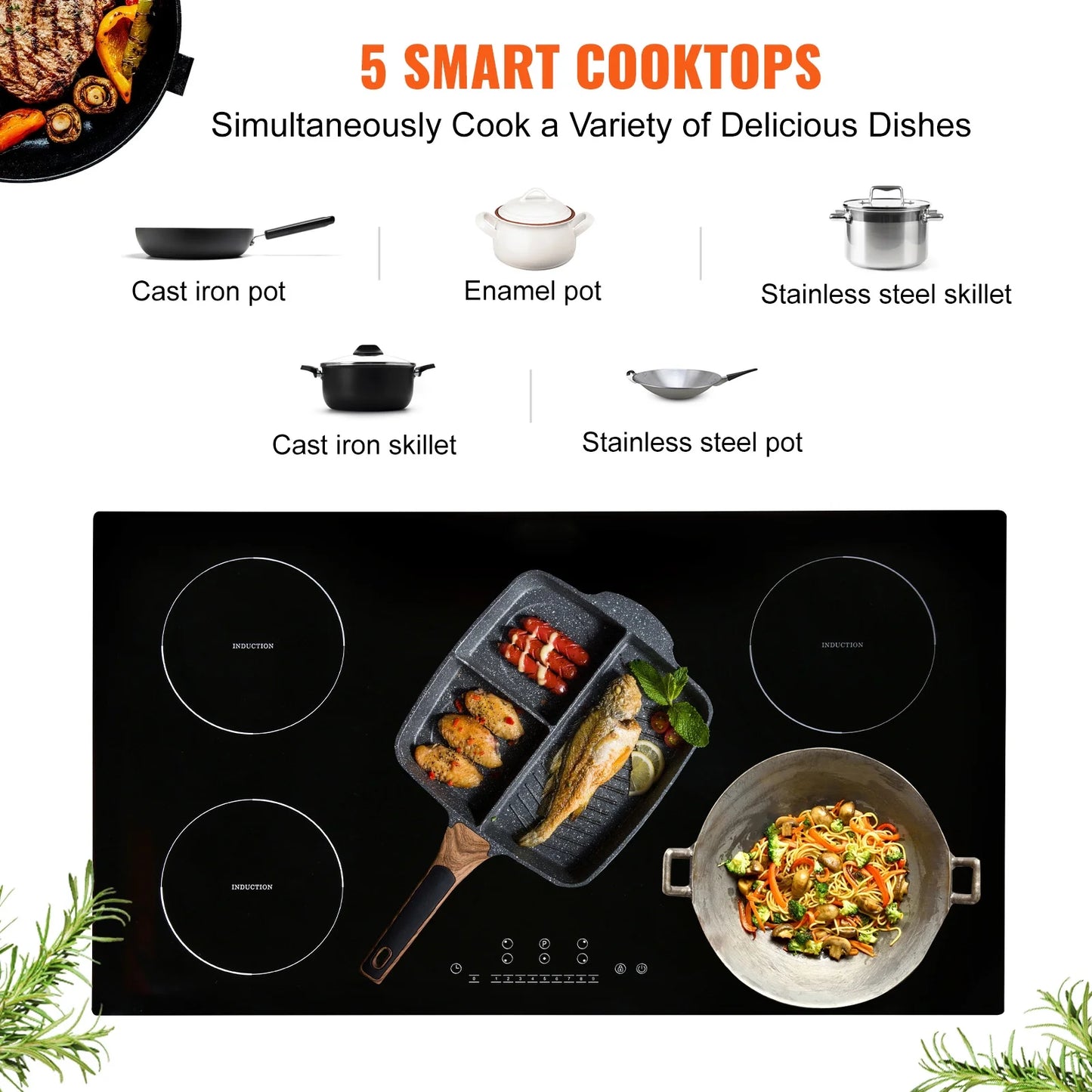 KFFKFF 5 Burners Ceramic Glass Stove Top Touch Control 36 inch Electric Cooktop
