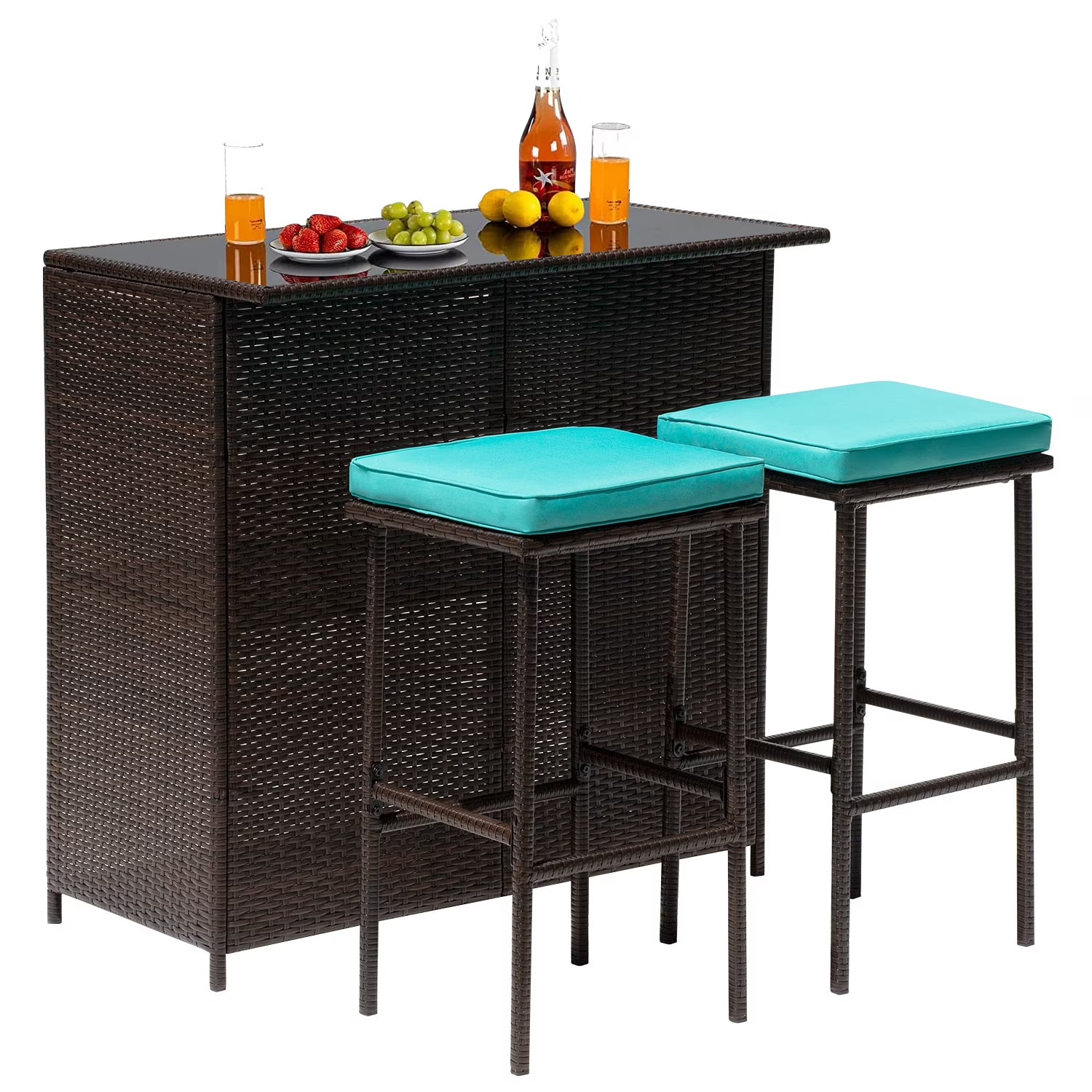 CL.HPAHKL Patio Bar Set, 3 Piece Outdoor Rattan Wicker Furniture Set with Glass Top Table & 2 Cushions Stools for Patios Backyards Porches Gardens Poolside, Khaki