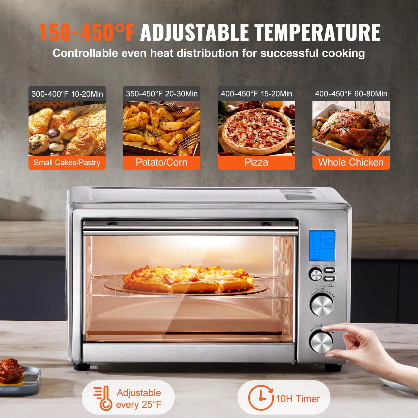 KFFKFF 28L Multifunction Countertop Oven, 1800W, 4-Tier, Front Glass Door, Includes Trays, Wire Racks, Gloves for Home & Commercial