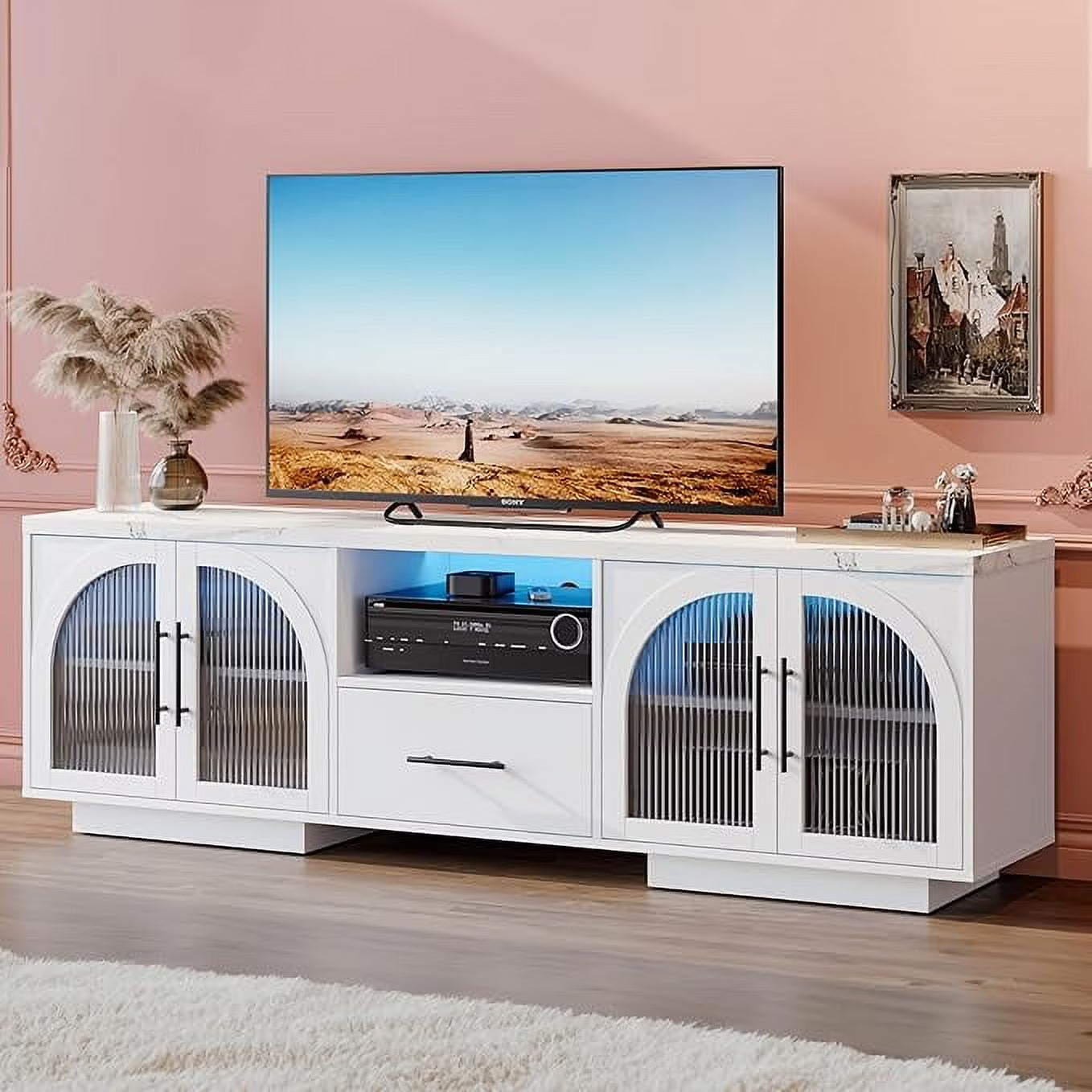 TV Stand for 75 inch TV, LED TV Stand for Living Room,70" Entertainment Center with Arched Glass Doors, Faux Marble Wood Finish Top, Adjustable Shelves, and LED Lighting, Black