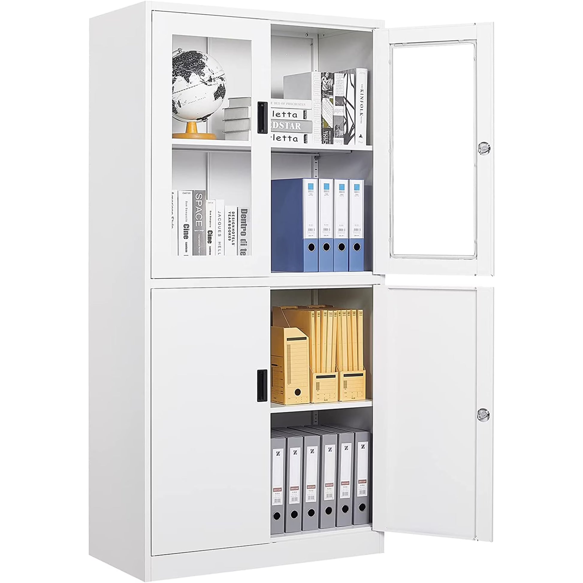 STANI Metal Cabinet with Lock, Tall Office Storage Cabinet with Glass Door, Lockable Black Steel Cabinet with 2 Adjustable Shelves for Home, Clinic, Pantry, Basement