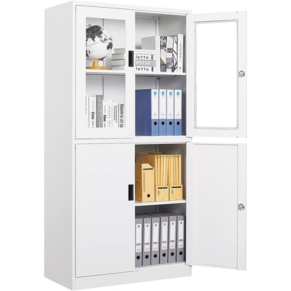 STANI Metal Cabinet with Lock, Tall Office Storage Cabinet with Glass Door, Lockable Black Steel Cabinet with 2 Adjustable Shelves for Home, Clinic, Pantry, Basement