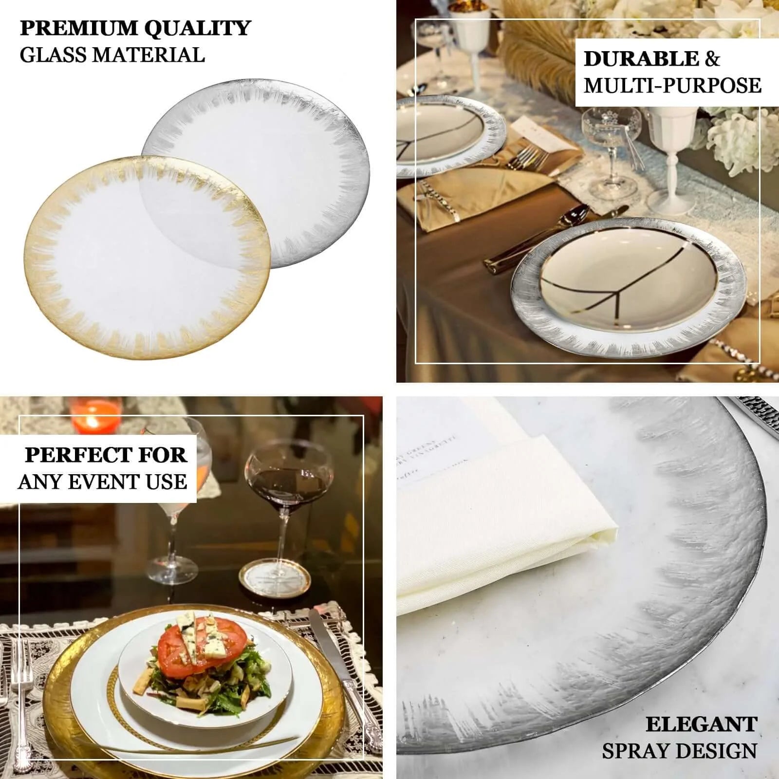 Efavormart 8 Pack - 13" Gold Glass Charger Plates Reusable Rim Charger Plates Spray Design Plates - Perfect for Wedding , Party Decorations, Banquet, Upscale Occasions, Birthday Celebrations