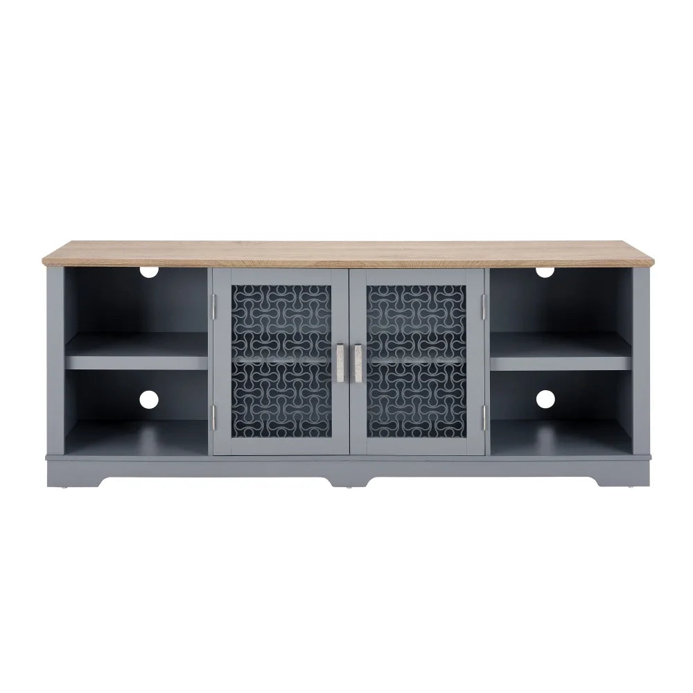 Tcbosik Farmhouse Buffet Cabinet, 56.4" Sideboard Cabinet w/2 Drawers and 2 Glass Doors, Coffee Bar Cabinet with Glass Cup Holder and 8-Slot Wine Rack for Dining Room Living Room, Light Blue