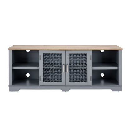 Tcbosik Farmhouse Buffet Cabinet, 56.4" Sideboard Cabinet w/2 Drawers and 2 Glass Doors, Coffee Bar Cabinet with Glass Cup Holder and 8-Slot Wine Rack for Dining Room Living Room, Light Blue