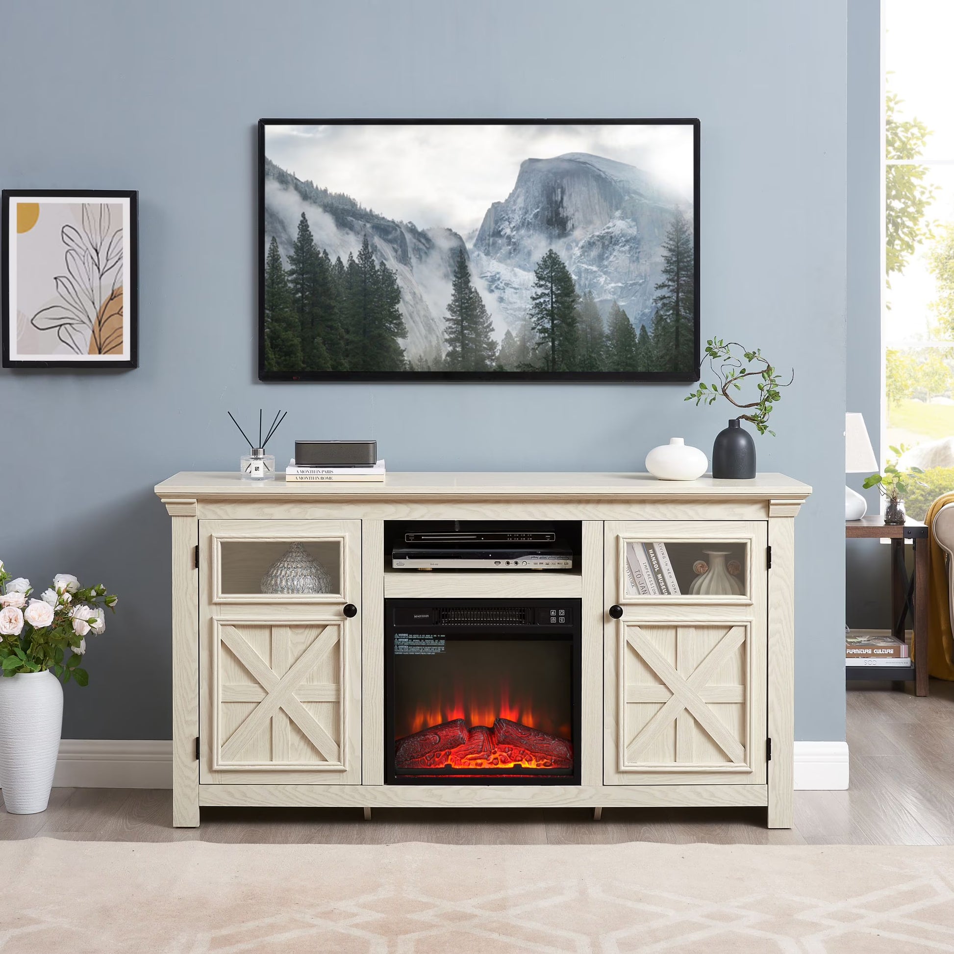 60" Farmhouse Fireplace TV Stand for TVs up to 70 inch, Entertainment Center with 18" Electric Fireplace,Rustic TV with Glass Barn Doors for Living Room, Adjustable Shelf
