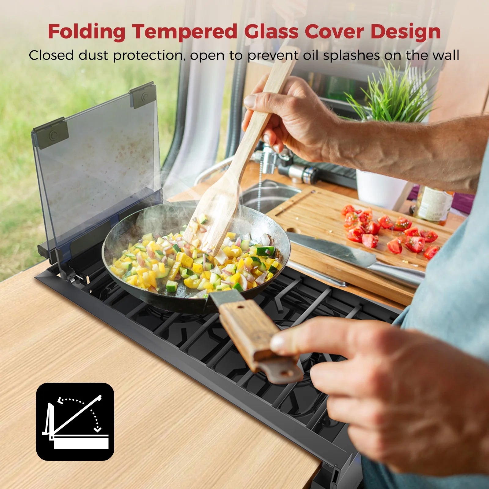 CAMPLUX RV Cooktop 2 Burners Slide-in, Outdoor Propane Cooktop Stove with Tempered Glass Cover, 12 inches Gas Rangetop, 13,000BTU, Black