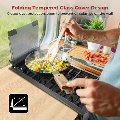 CAMPLUX RV Cooktop 2 Burners Slide-in, Outdoor Propane Cooktop Stove with Tempered Glass Cover, 12 inches Gas Rangetop, 13,000BTU, Black