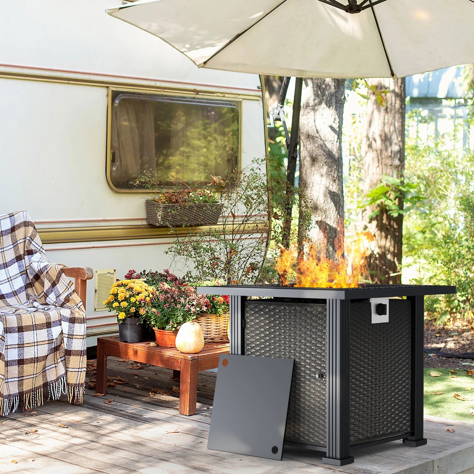 28 Inch Propane Fire Pit Table, Rattan & Wicker-Look 50,000 BTU Gas Firepits with Fire Glass for Outside Patio and Garden