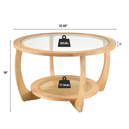 Round Wood Coffee Table with Glass Rattan Top, Wooden Circle Center Table with Curved Legs & Removeable Tempered Glasstop, Cocktail Table for Living Room, Light Brown 32.28" x 18.15"
