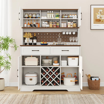 LAFGUR 72" Kitchen Storage Cabinet with Power Outlet & LED Light, Coffee Bar Cabinet with Drawers & Wine Glass Rack,Sideboard for Home,White